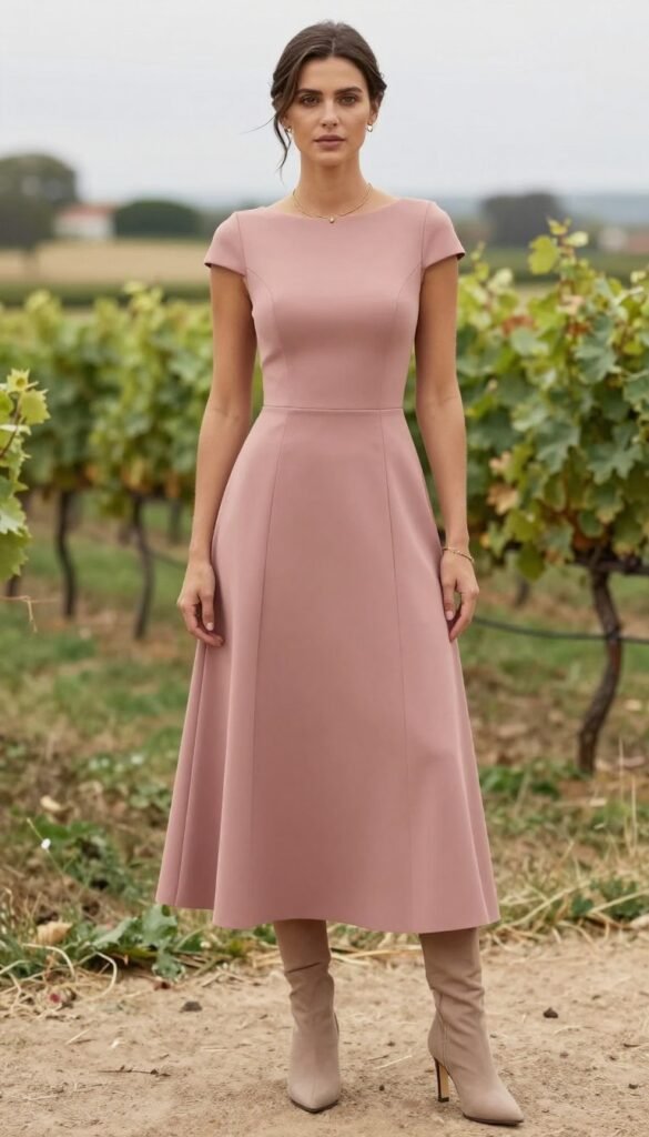 Sophisticated midi dress western wedding guest outfit in solid color