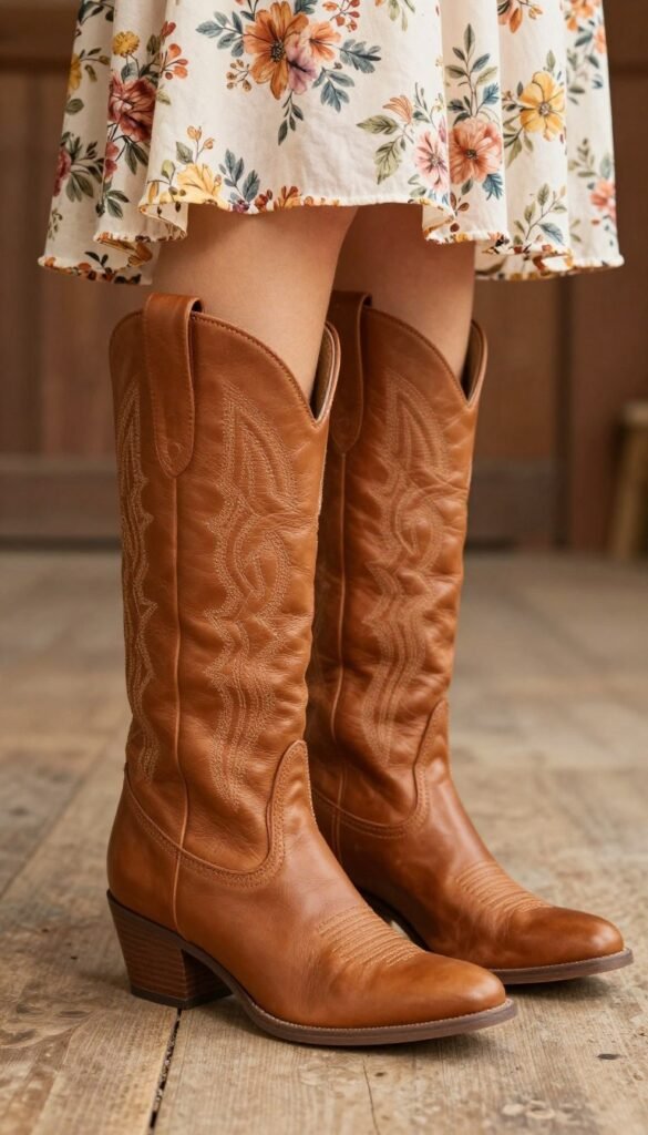Stylish cowboy boots paired with western wedding guest outfit