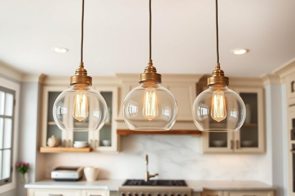 Three matching pendant lights hanging over kitchen island Three matching pendant lights hanging over kitchen island