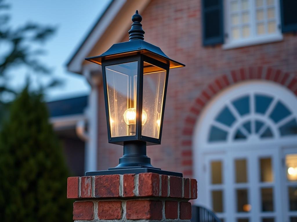 Traditional black post light on brick pillar at property entrance Traditional black post light on brick pillar at property entrance