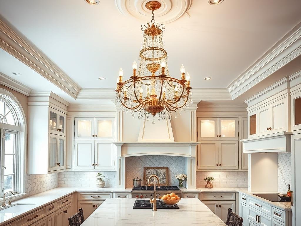 Traditional brass chandelier above marble kitchen island Traditional brass chandelier above marble kitchen island