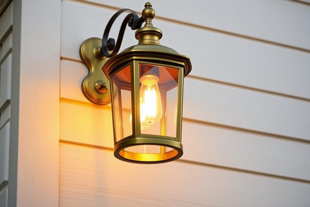 Traditional brass lantern wall sconce on colonial style home Traditional brass lantern wall sconce on colonial style home