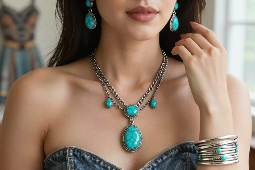 Turquoise and silver jewelry for western wedding guest outfit