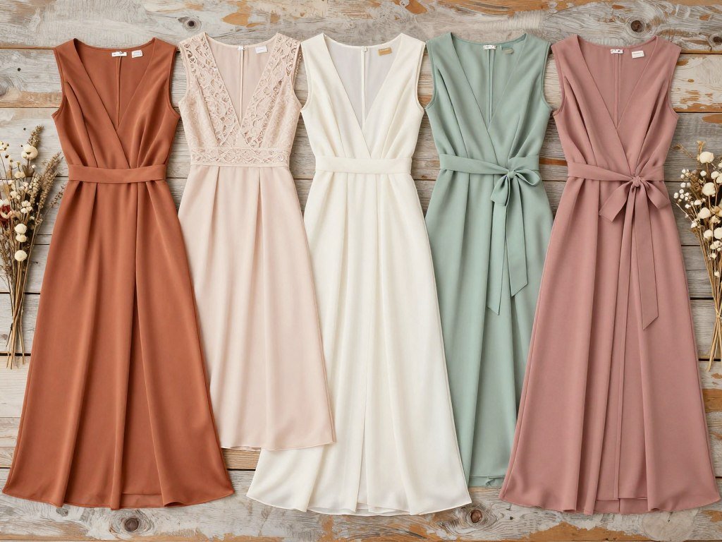 Variety of boho wedding guest dresses displayed on rustic wooden backdrop