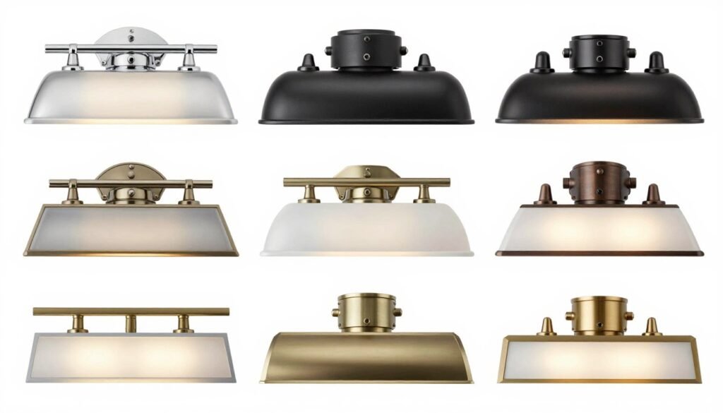 Various bathroom vanity light finishes displayed together Various bathroom vanity light finishes displayed together