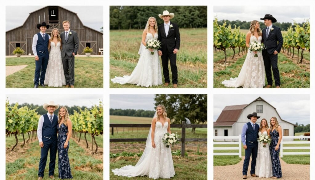Various country wedding venue outfits for different settings
