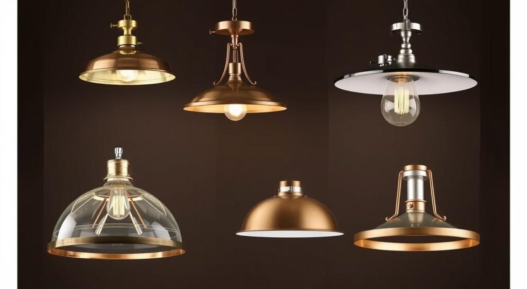 Various kitchen island light fixtures showing different materials and finishes Various kitchen island light fixtures showing different materials and finishes