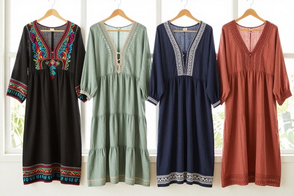 Various midi dress styles in boho aesthetic