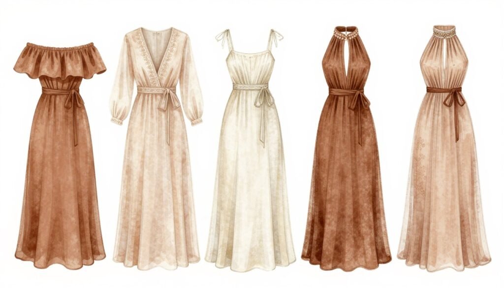Various neckline options for boho wedding dresses