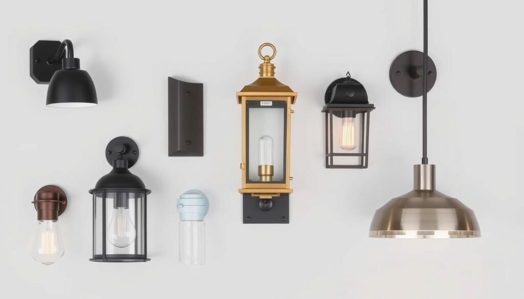 Various outdoor lighting fixtures displayed showing different styles and finishes Various outdoor lighting fixtures displayed showing different styles and finishes