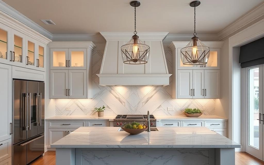 Visual Comfort designer pendant lights in elegant kitchen Visual Comfort designer pendant lights in elegant kitchen