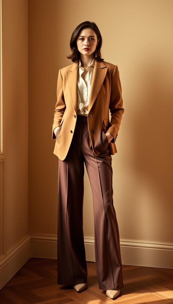 Warm autumn neutral fall wedding outfit with camel blazer Warm autumn neutral fall wedding outfit with camel blazer