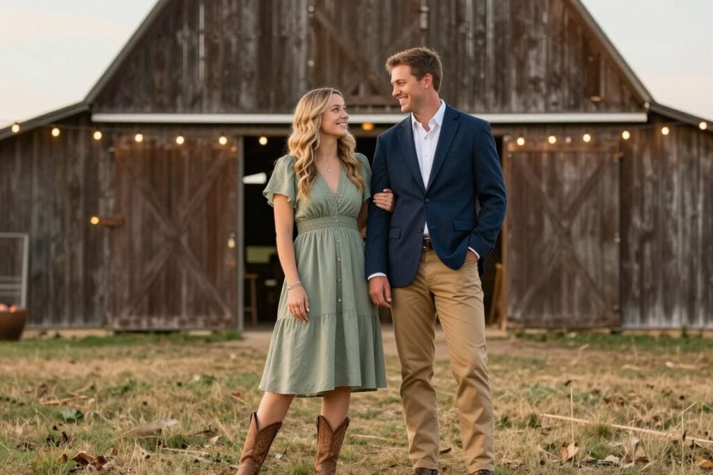 Well-styled country wedding guest in photo-worthy outfit