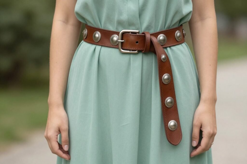 Western belt styled with maxi dress for wedding
