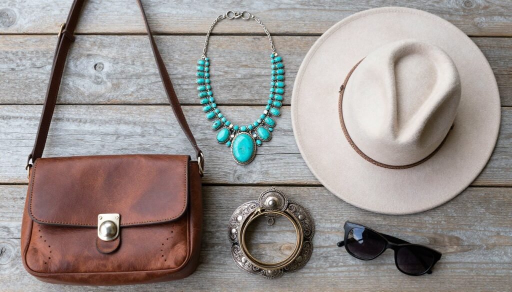 Western wedding guest outfit accessories including jewelry, bags, and hats