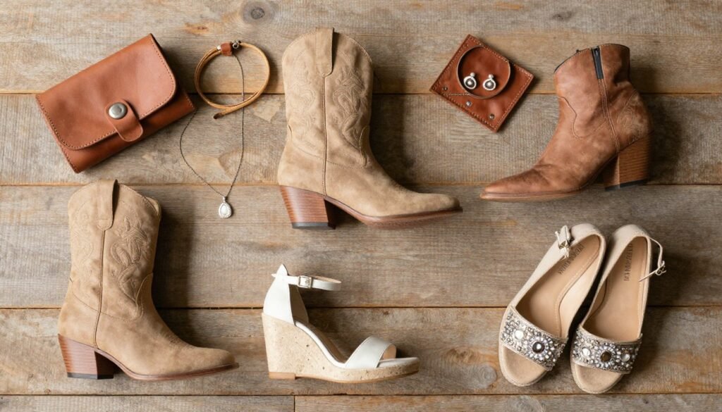 Western wedding guest outfit footwear options including boots and sandals