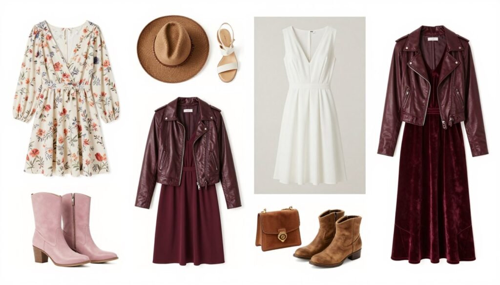 Western wedding guest outfit ideas for different seasons arranged in four-season display