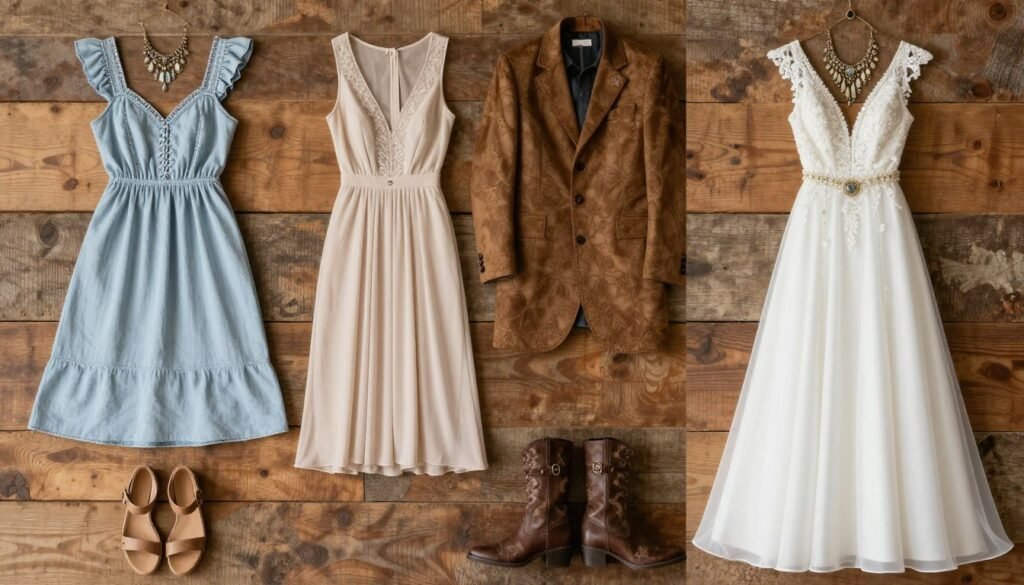 Western wedding guest outfit inspiration showing different dress code levels from casual to formal