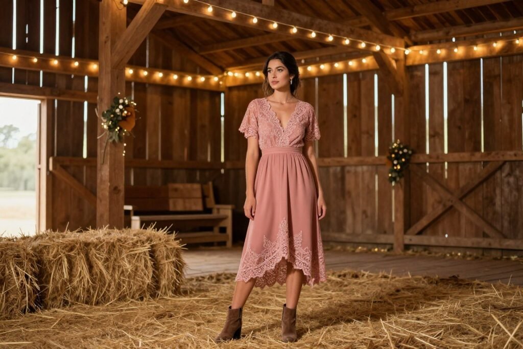 Western wedding guest outfit perfect for rustic barn venue