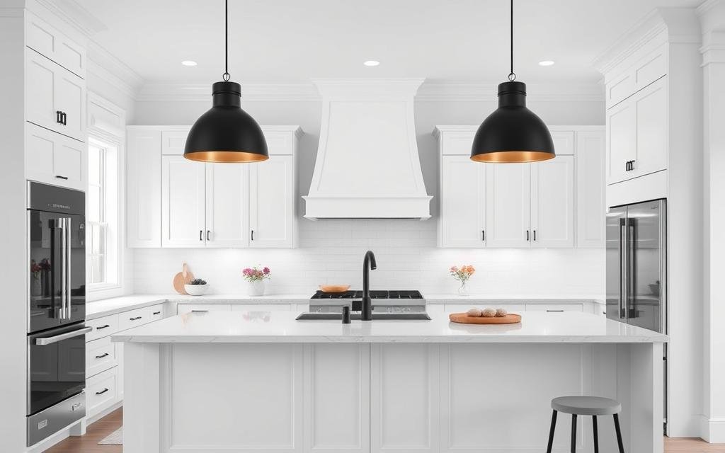 White kitchen with black matte island lighting creating contrast White kitchen with black matte island lighting creating contrast