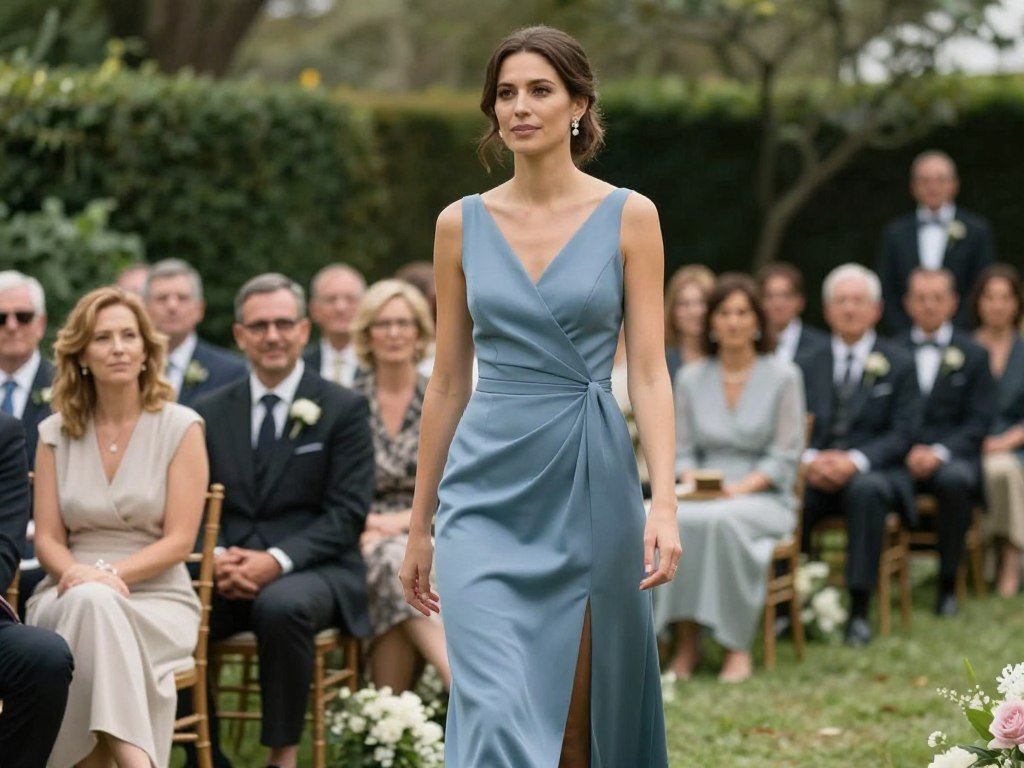 Woman wearing elegant semi formal dress at outdoor wedding