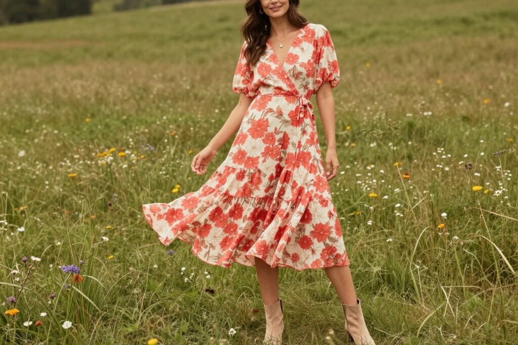Woman wearing floral midi dress perfect for country wedding guest outfit
