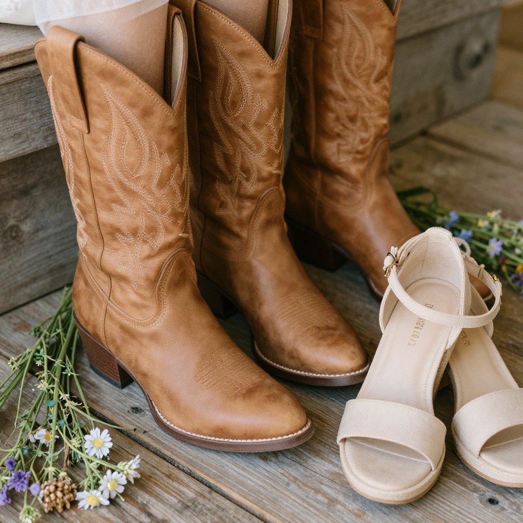 Women's cowboy boots and wedge sandals suitable for country wedding guest outfit
