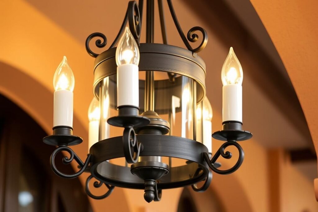 Wrought iron hanging lantern with candle-style bulbs Wrought iron hanging lantern with candle-style bulbs