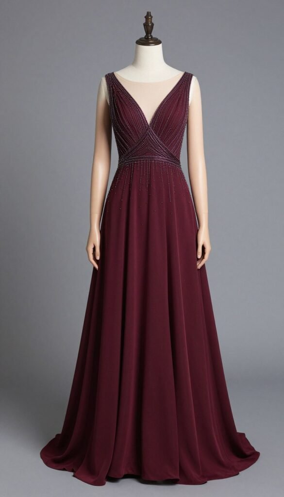a-line gown in burgundy with beading
