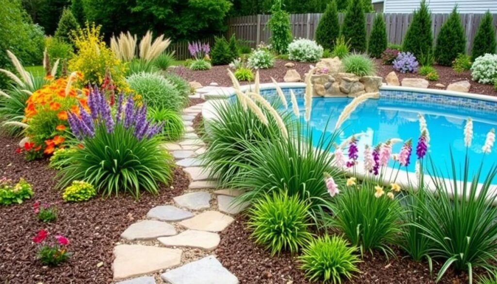above ground pool surrounded by colorful flowers and ornamental grasses above ground pool surrounded by colorful flowers and ornamental grasses