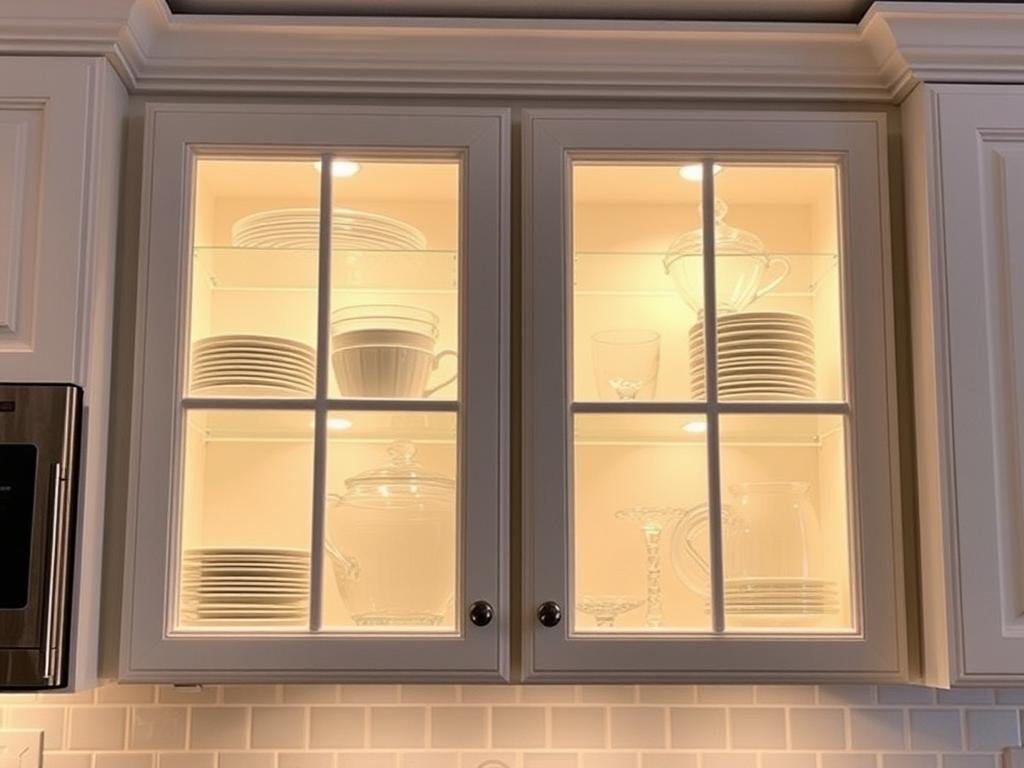 accent lighting in glass-front cabinets
