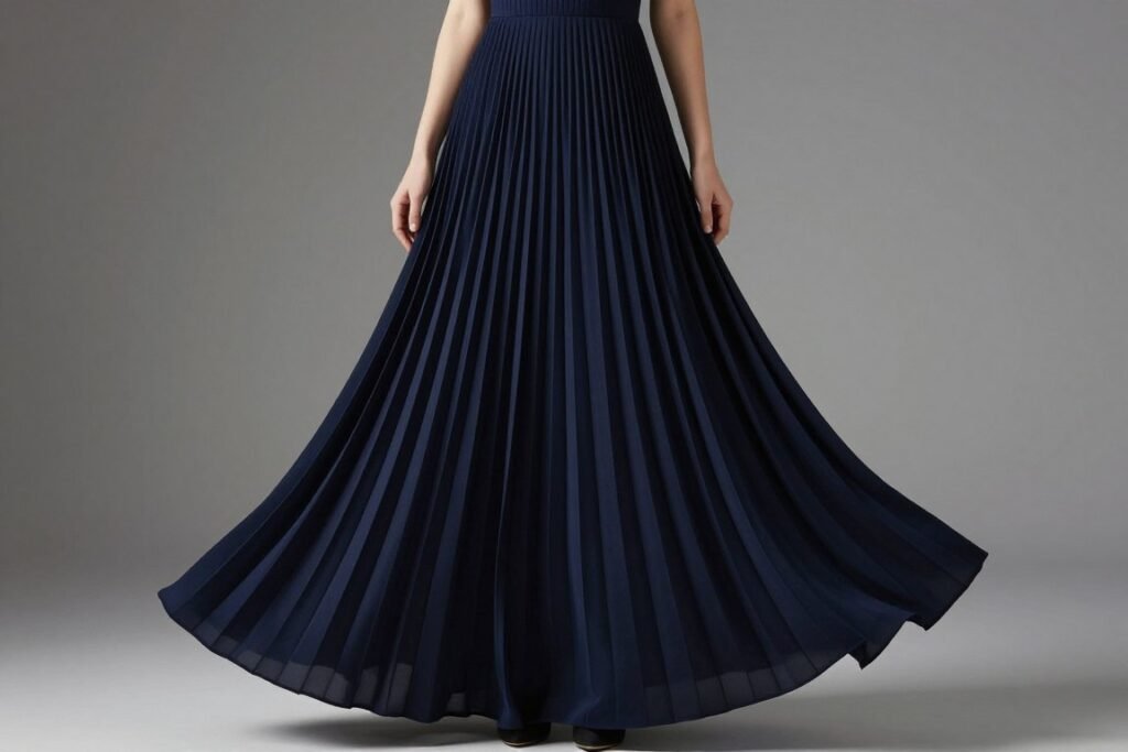 accordion pleated maxi dress in navy