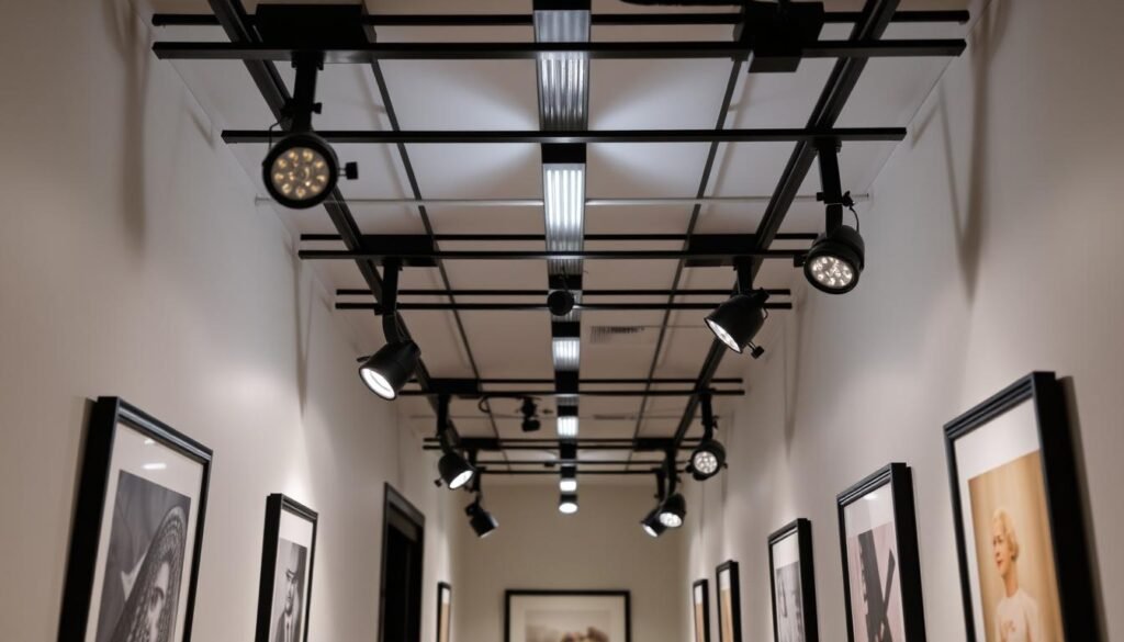 adjustable track lighting system installed in hallway with multiple directional heads