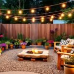 affordable backyard transformation with string lights and colorful planters