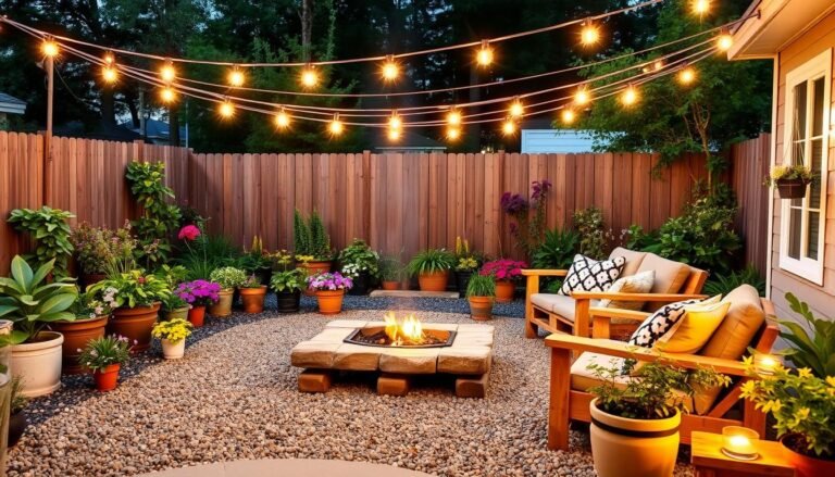 affordable backyard transformation with string lights and colorful planters