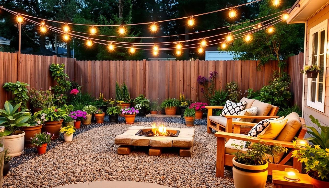 affordable backyard transformation with string lights and colorful planters