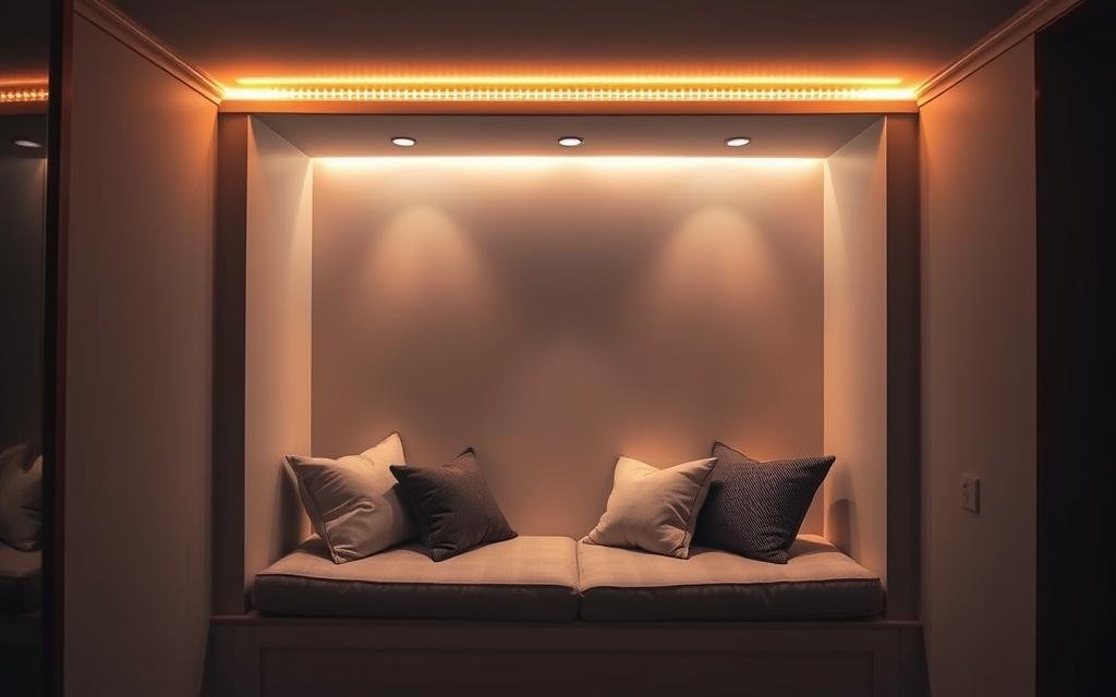 alcove with built-in seating illuminated by recessed LED strip lighting alcove with built-in seating illuminated by recessed LED strip lighting