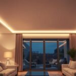 ambient lighting creates warm atmosphere in modern living room with led strip lights and floor lamp