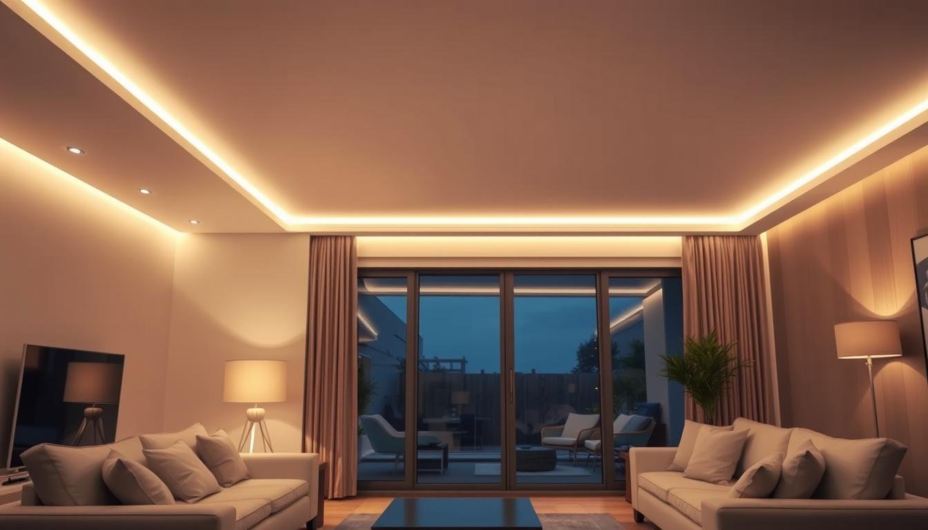 ambient lighting creates warm atmosphere in modern living room with led strip lights and floor lamp