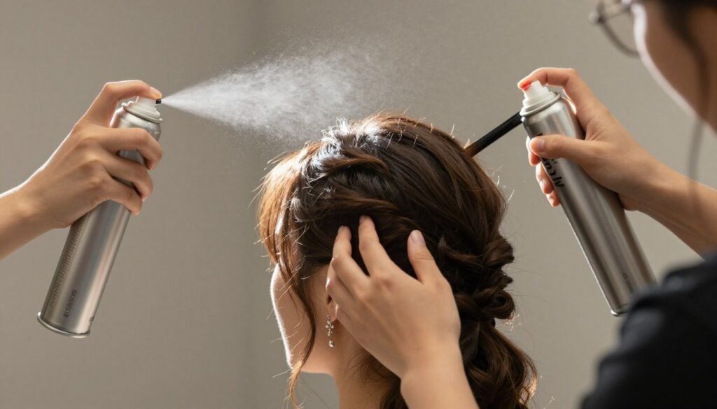 applying hairspray to finished wedding hairstyle