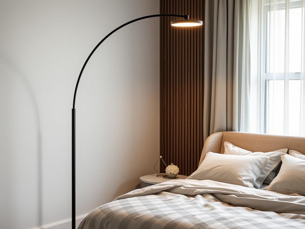 arc floor lamp reaching over bed for reading