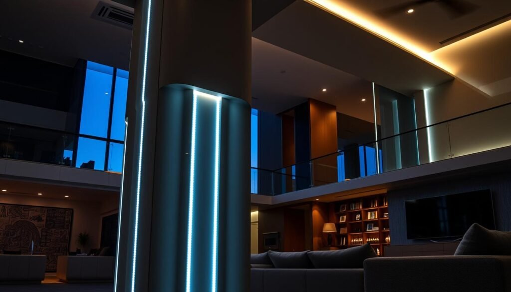 architectural column with LED strip lighting emphasizing vertical lines in living room architectural column with LED strip lighting emphasizing vertical lines in living room