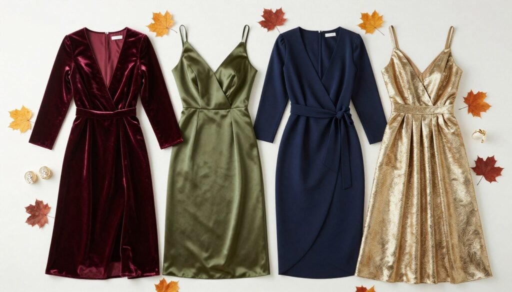 autumn wedding color palette showing burgundy, olive, navy and gold dresses