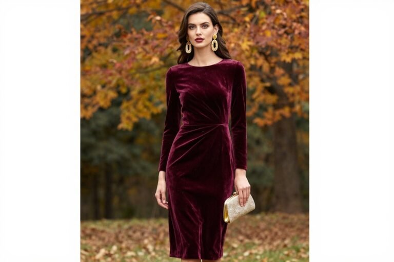 autumn wedding guest outfit featuring burgundy midi dress with gold accessories
