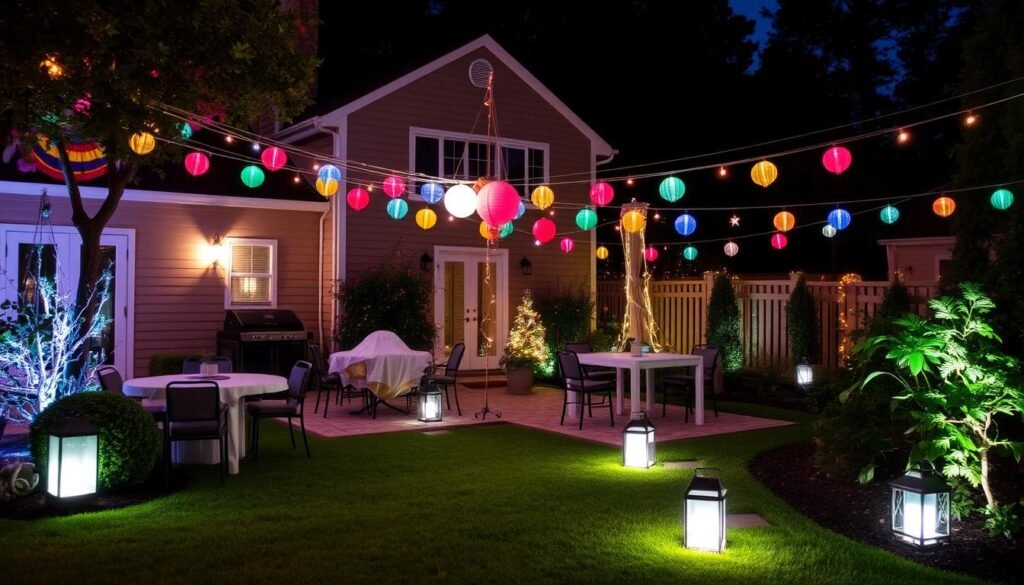 backyard decorated with festive string lights for celebration backyard decorated with festive string lights for celebration