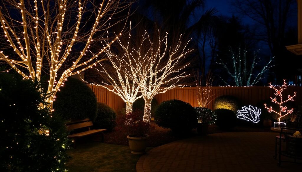 backyard decorated with seasonal holiday lighting