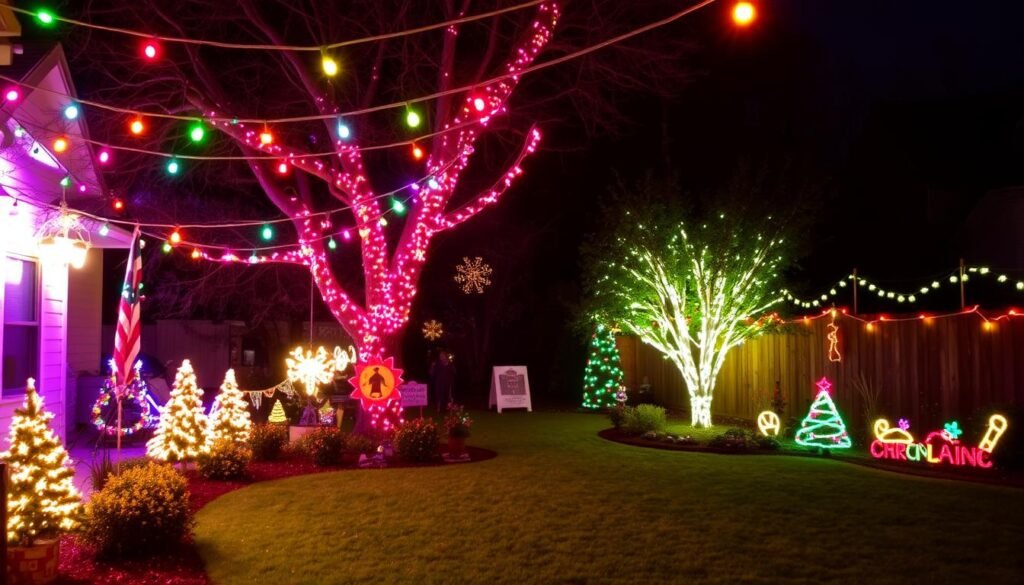 backyard decorated with seasonal holiday lights