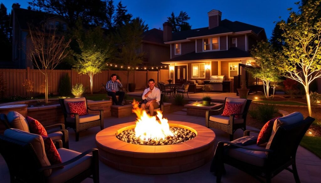 backyard fire pit with surrounding landscape lighting at night