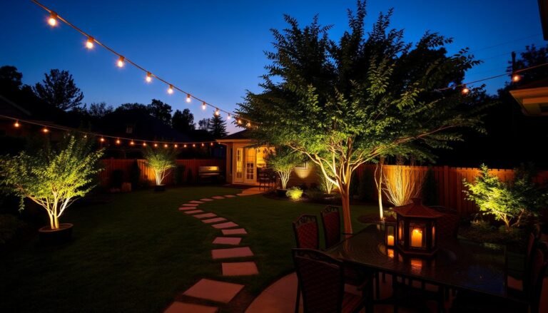 backyard lighting ideas showing multiple outdoor lighting fixtures creating ambient glow at night