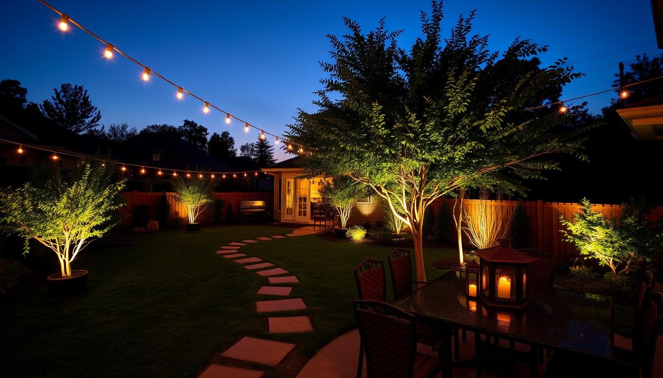 backyard lighting ideas showing multiple outdoor lighting fixtures creating ambient glow at night